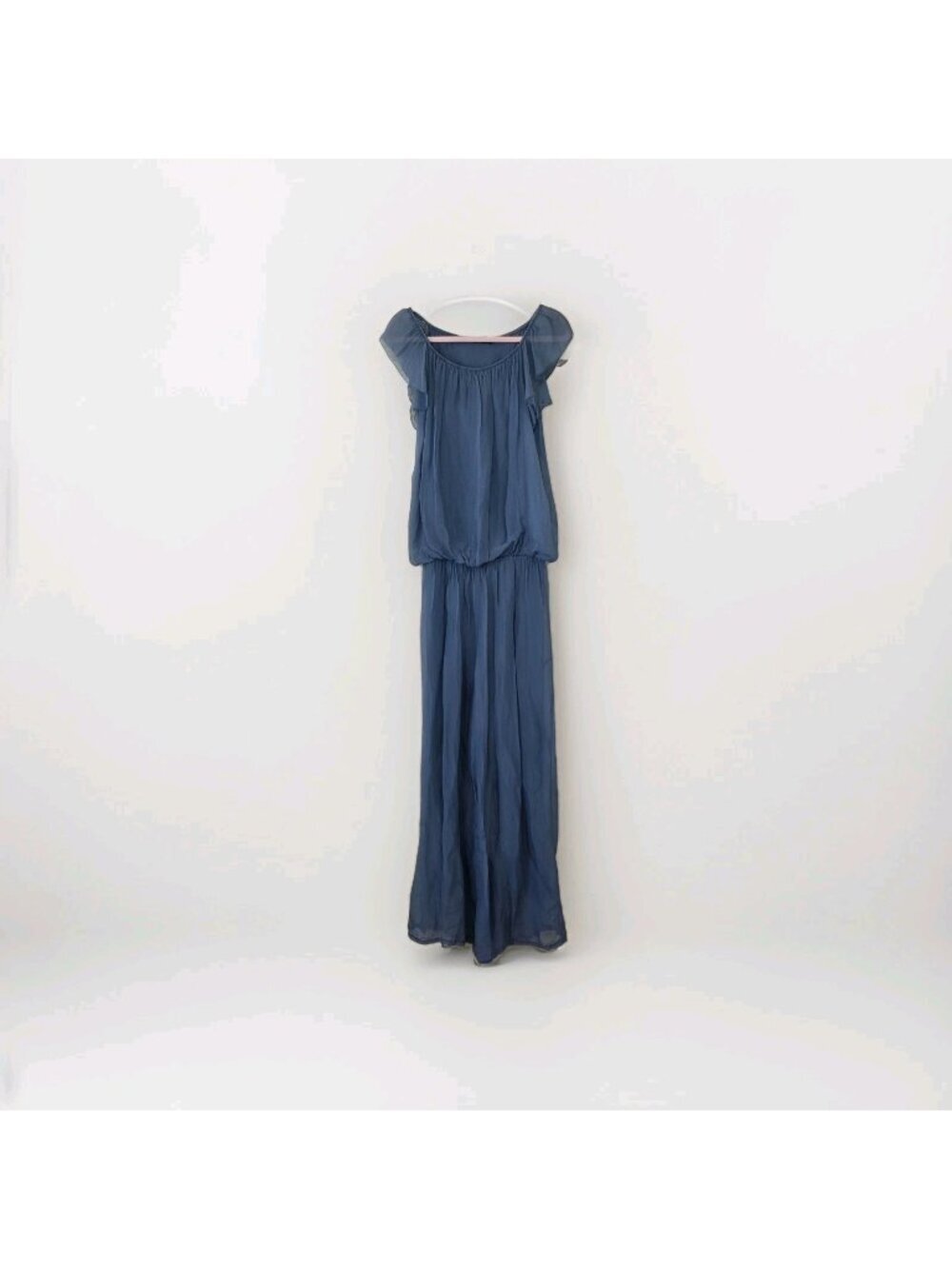 NT By Amati Silk Blend Jumpsuit L Blue Sheer Lined Wide Leg Italy Wedding Guest